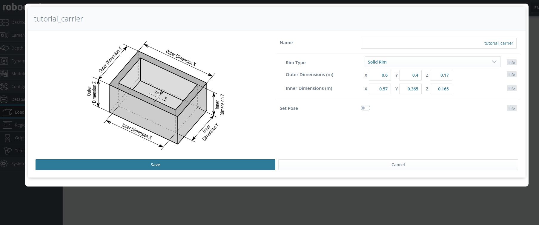 Screenshot of the Web GUI showing how to define a load carrier called '''tutorial_carrier'''