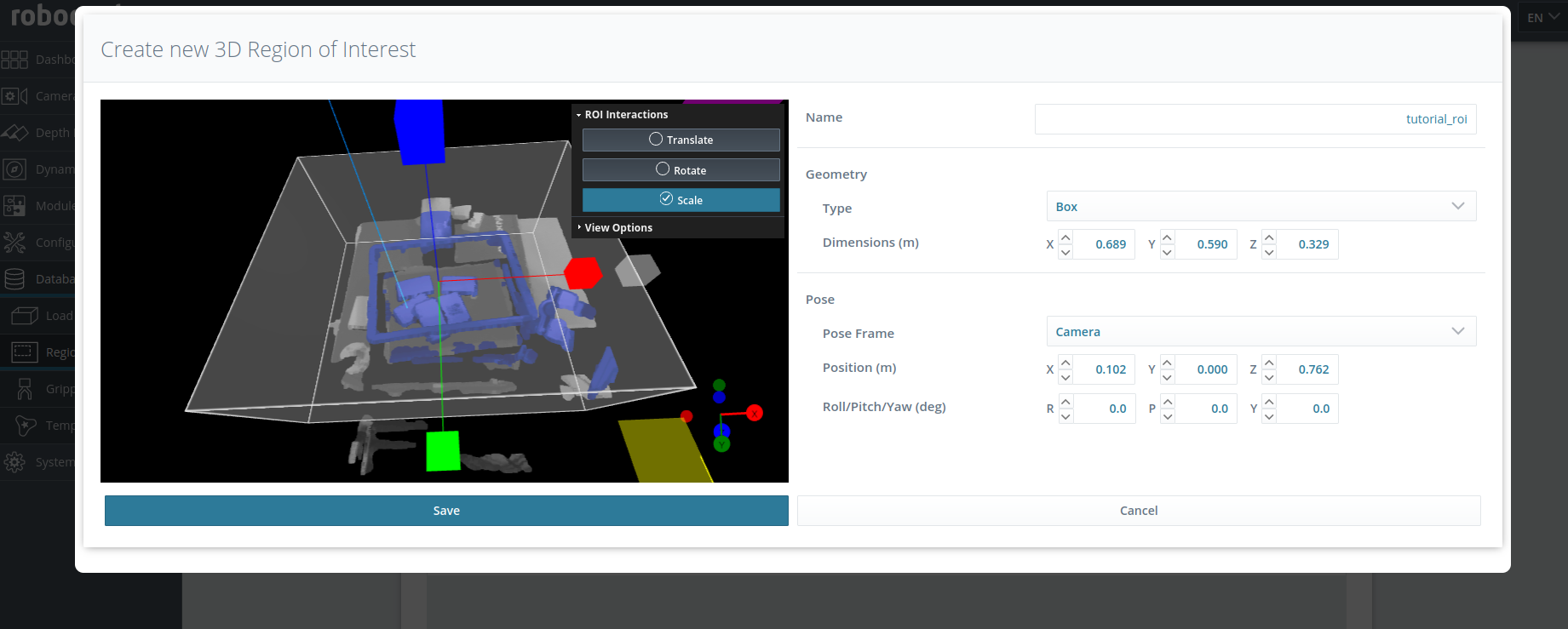 Screenshot of the Web GUI showing how to define a 3D Region of Interest called '''tutorial_roi'''