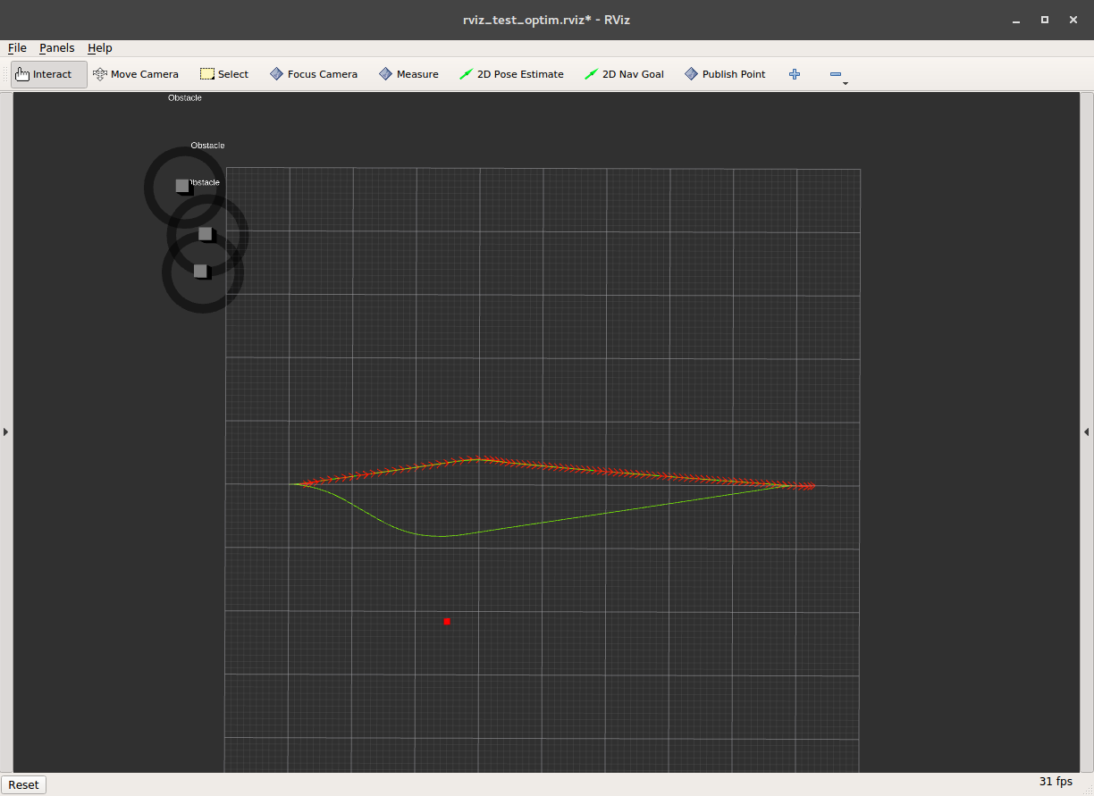 Visualization: The dynamic obstacle position is published by the above python script. Interactive markers are moved away. Parameter include_dynamic_obstacles is activated.