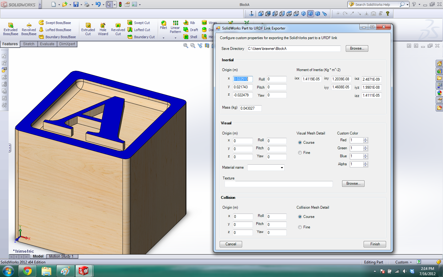 The SW Part to URDF Link Export Form